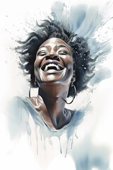 Natural beauty happy and smiling middle aged African American woman, splashes of water, refreshing feeeling, watercolor illustration (Generative AI) - 587353162