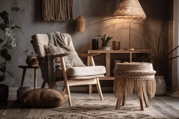 Fototapeta na wymiar Warm boho design for home work and relaxation. Gray antique armchair with cushion, table with coffee and laptop, vase with dried plants, lamp, and carpet on light wall backdrop. Generative AI