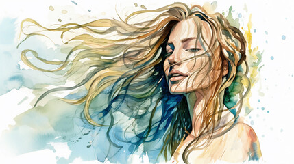 Natural beauty relaxed young blonde caucasian woman with long hair with splashes of water, enjoying ocean breeze, watercolor illustration (Generative AI) - 587353707