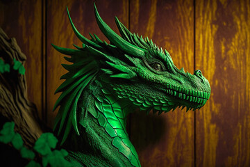 Green wooden dragon on wooden background. Zodiac sign, year of the Green Wooden Dragon. Generative AI.