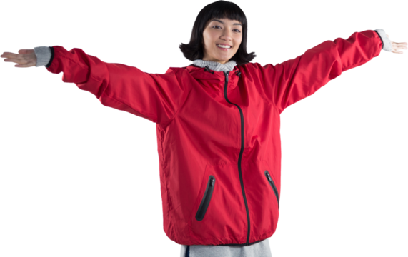 Smiling woman standing with arms outstretched - Powered by Adobe