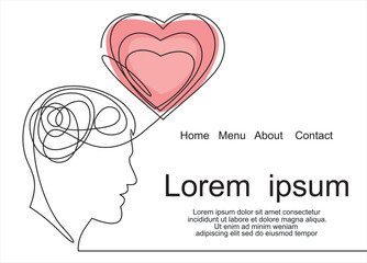 Continuous one line drawing of human head with a hearts. Vector illustration. Concept of mental disorder, finding solution, chaotic thinking process, confused mind.