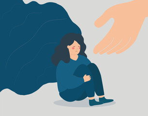 A hand helps a woman to get rid of stress and depression. Sad girl needs support, and care due to psychological problems. Female teenage crying her face. Mental health disorder and divine help concept