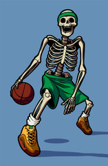 Basketball skeleton. Realistic isolated detailed illustration of a skeleton practicing with a basketball.