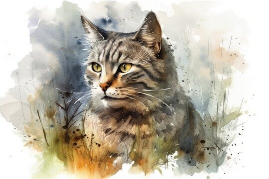 watercolor painting featuring a cat with striking green eyes. Generative AI