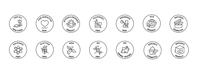Organic Beauty Products Vector Line Icons - Natural Cosmetics Set.