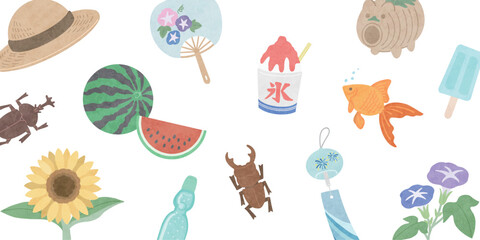 夏のかわいいイラストバナーA　白