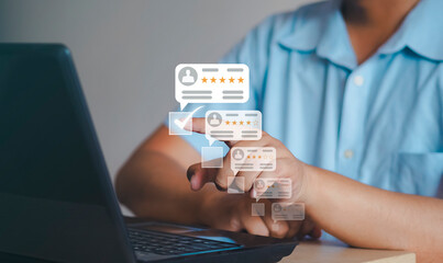 Users rate their service experience, Customer review satisfaction feedback survey concept, Customer can evaluate quality of service leading to reputation ranking of business.