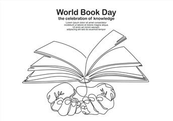 World book day. April,23. continuous one line drawing of a hands holding open book flying pages. Human hands holding a book. Vector minimalism design isolated on white background