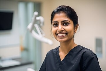 Indian female dentist smiling at the camera, Generative AI