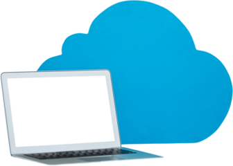 Laptop with clouds symbol against white background