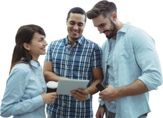 Business people discussing over digital tablet against white background