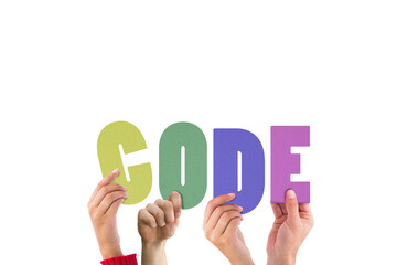 Colorful alphabet spelling code held up by people 