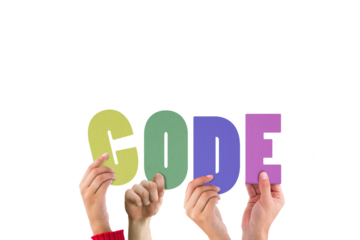 Colorful alphabet spelling code held up by people 