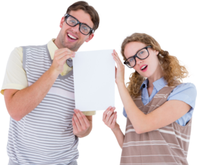 Geeky hipster couple holding poster