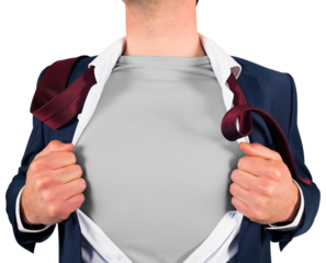 Businessman opening shirt in superhero style