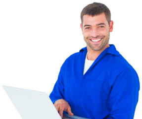 Portrait of smiling male mechanic using laptop