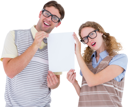 Geeky hipster couple holding poster