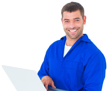 Portrait of smiling male mechanic using laptop - Powered by Adobe