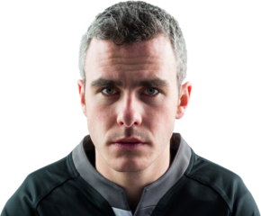 A rugby player looking at the camera