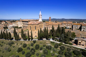 Aerial view of the medieval village of Pienza Siena