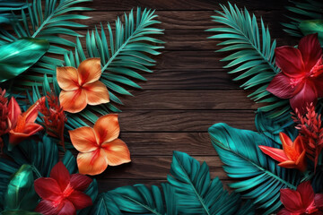 Background, tropical flowers on a wooden background. AI generative.