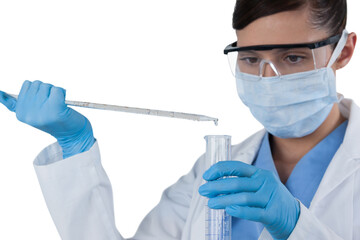Female scientist holding laboratory glassware