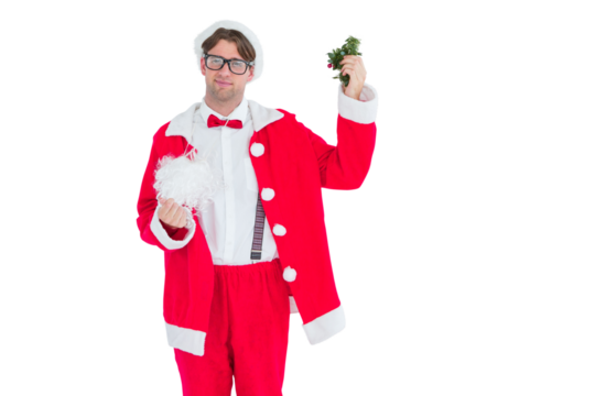 Geeky hipster in santa costume beard and mistletoe 
