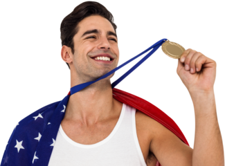 Athlete holding gold medal after victory