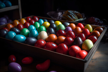 Easter composition  spring bibrant colorfull quail eggs black background top viwe. Springtime and Easter holiday concept