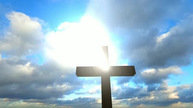 The Cross of Christ at sunset with background effect, religion, hope, faith. 3D Render
