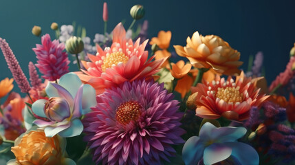 Background, a bouquet of beautiful flowers on a blue background. AI generative.