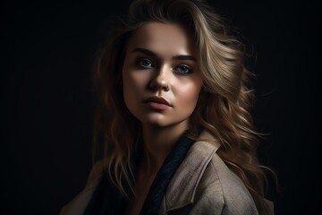 Fototapeta premium Digital illustration of a close-up portrait of a Young beautiful woman female face with natural perfect skin blonde hair. Generative AI.