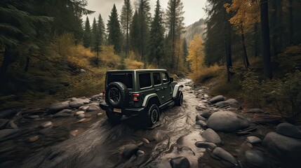Offroad race on fall nature background. Cars racing in autumn forest. SUV or offroad car on path covered with grass crossing puddle with dirt splash. Generative Ai.