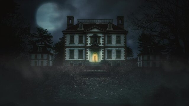 Moonlight Spooky Mansion Man Drinking Door Haunted House Zoom In. Man at the door of a spooky mansion drinking wine under a eerie full moon. Zoom in