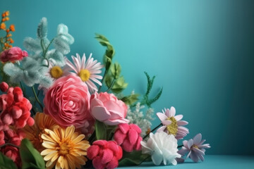 Background, a bouquet of flowers on a blue background. AI generative.