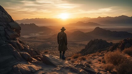 A traveler standing on a rocky outcropping, watching the sun rise over a vast, sweeping desert landscape Generative AI