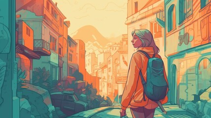Obraz na płótnie Canvas An illustration of a traveler in a foreign city, with a focus on the local culture and customs Generative AI