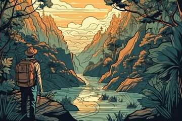 An illustration of a traveler on a journey through nature, with a focus on the beauty and serenity of the natural world Generative AI