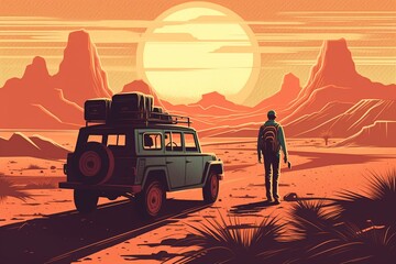 An illustration of a traveler on a road trip, with a focus on the sense of freedom and adventure that comes with exploring new places by car Generative AI