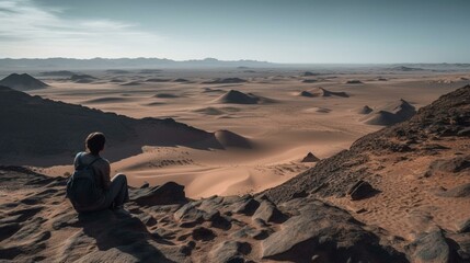 Fototapeta na wymiar A traveler sitting on a rocky outcropping overlooking a vast, sweeping desert landscape with a few distant sand dunes Generative AI