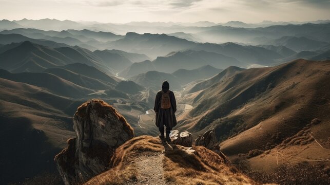 A traveler walking along the edge of a cliff, overlooking a vast, dramatic landscape of mountains and valleys Generative AI