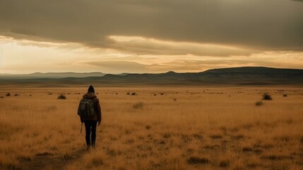 A traveler standing in the middle of a vast, open plain, feeling the wind and the sense of freedom Generative AI