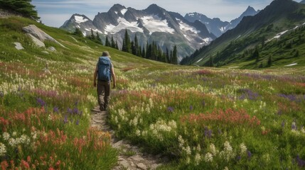 A traveler walking through a peaceful, rolling meadow filled with wildflowers and surrounded by rugged, snow-capped peaks Generative AI