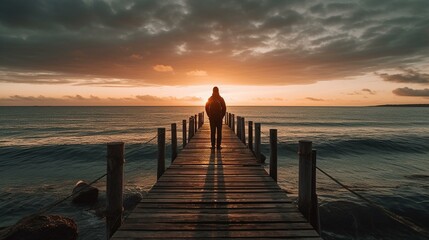 Obraz premium A traveler standing on a pier, watching a beautiful sunset over a calm ocean Generative AI