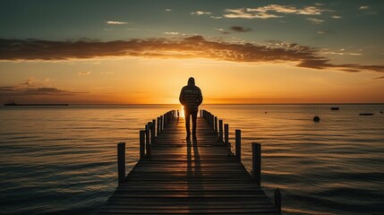 Fototapeta premium A traveler standing on a pier, watching a beautiful sunset over a calm ocean Generative AI