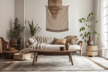 Contemporary interior design with grey couch, coffee table, macrame, plants, carpet, and stylish accessories. Minimalist house décor. Template. Generative AI