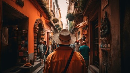 A traveler exploring a vibrant, bustling city, discovering its culture, architecture, and people Generative AI