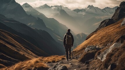 A traveler hiking up a mountain, encountering challenges, and experiencing breathtaking views along the way Generative AI
