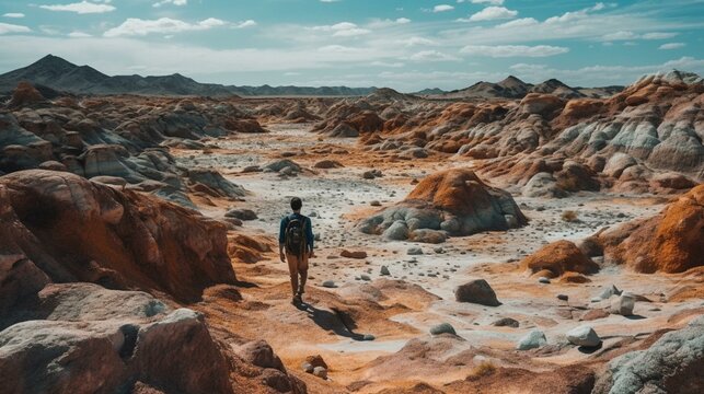 A traveler exploring a remote, otherworldly landscape of colorful rocks and strange formations Generative AI
